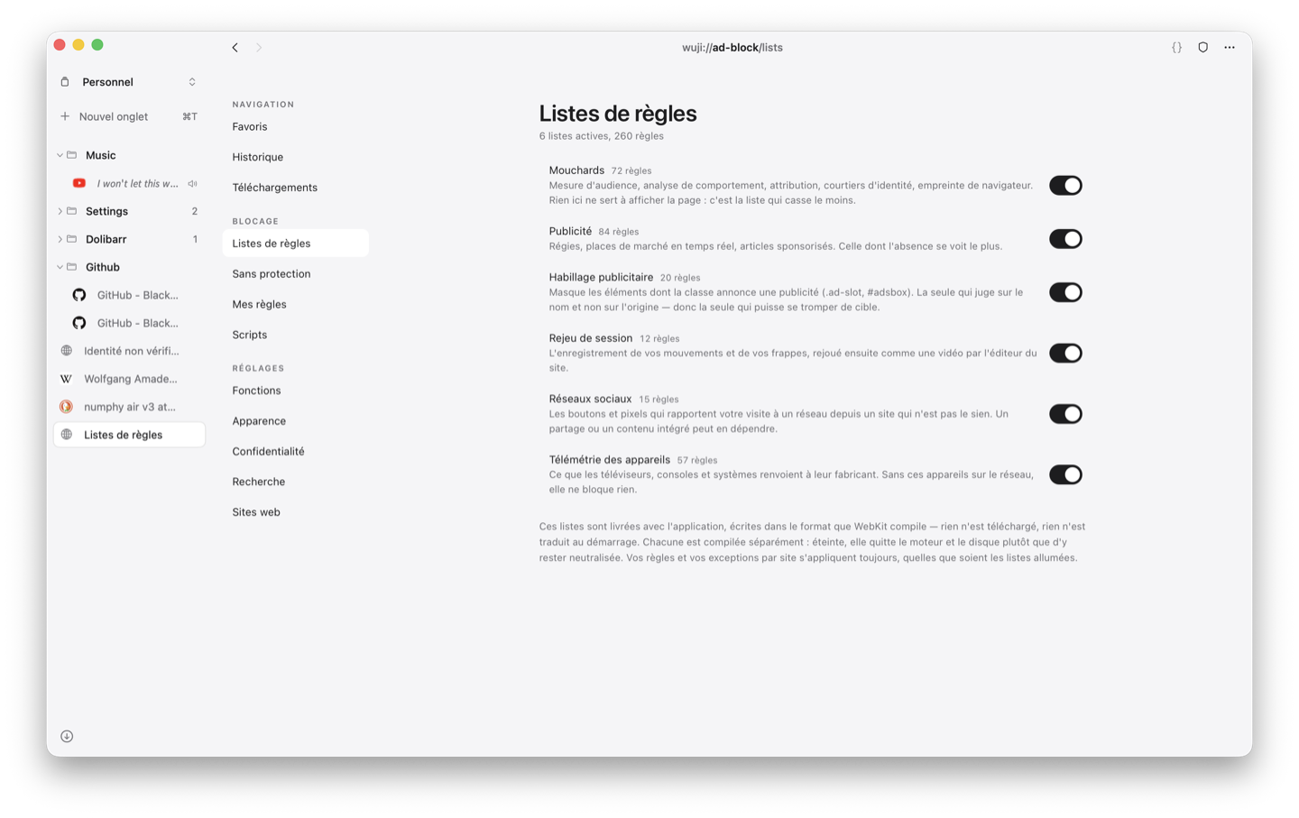 La page wuji://ad-block/lists : les six listes, leur nombre de règles, ce qu'elles
                  visent, et un interrupteur pour chacune.